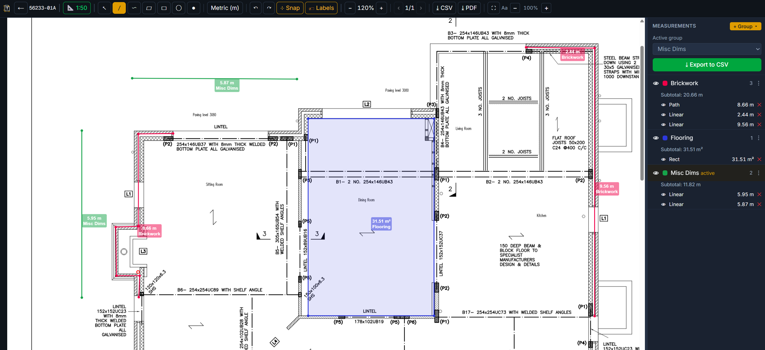 A live takeoff in Tracer Takeoffs โ measuring lengths, areas and counts on a structural drawing with grouped totals